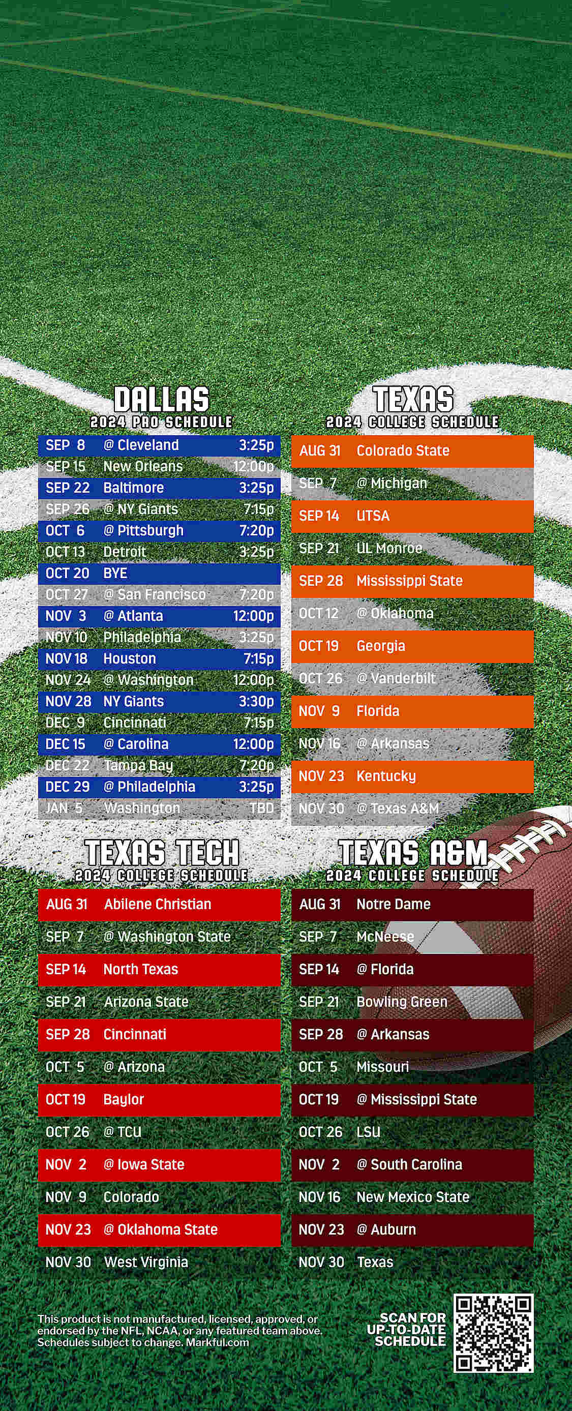 Picture of Cowboys/U of Texas/Texas Tech/Texas A&M Peel & Stick QuickStix Football Magnet 2025